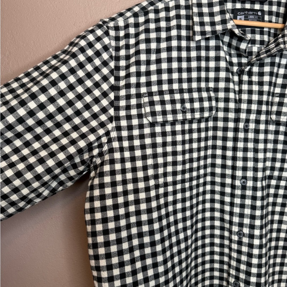 Carhartt Men's Loose Fit Plaid Flannel Long Sleeve Black & White Button Up XL - Picture 4 of 15